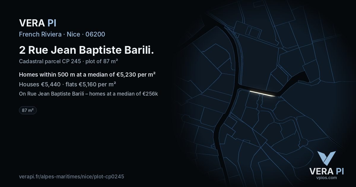 2 Rue Jean Baptiste Barili, Nice at night – the plot lit, the parcels around coloured by the prices near them