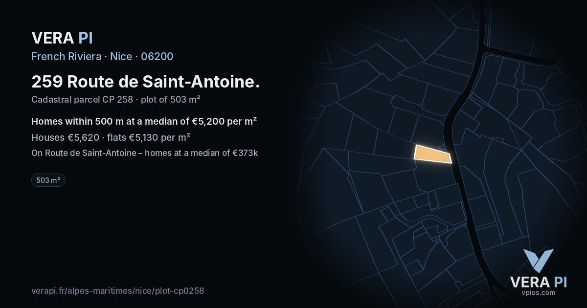 259 Route de Saint-Antoine, Nice at night – the plot lit, the parcels around coloured by the prices near them
