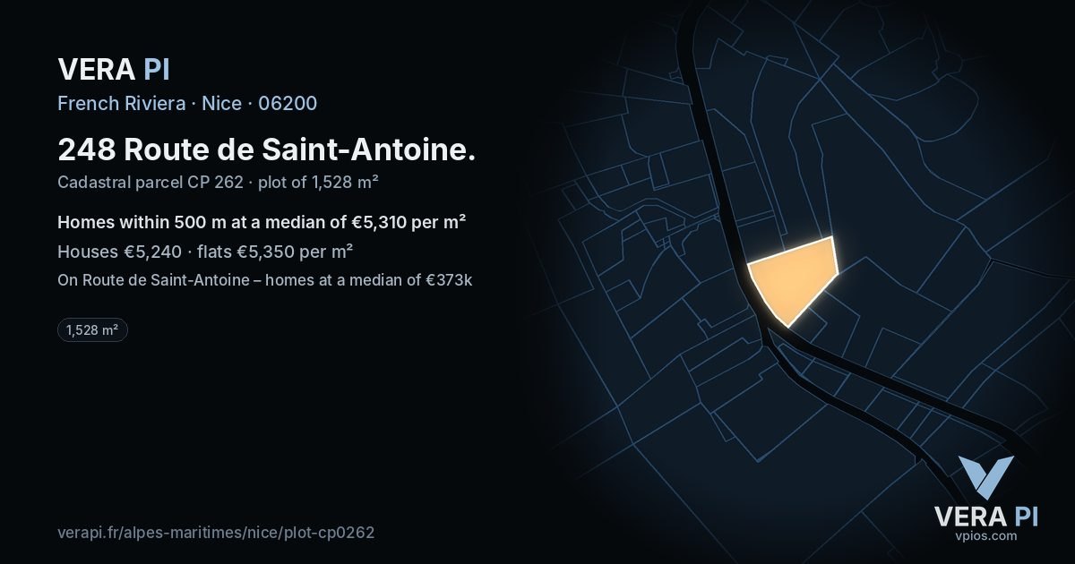 248 Route de Saint-Antoine, Nice at night – the plot lit, the parcels around coloured by the prices near them