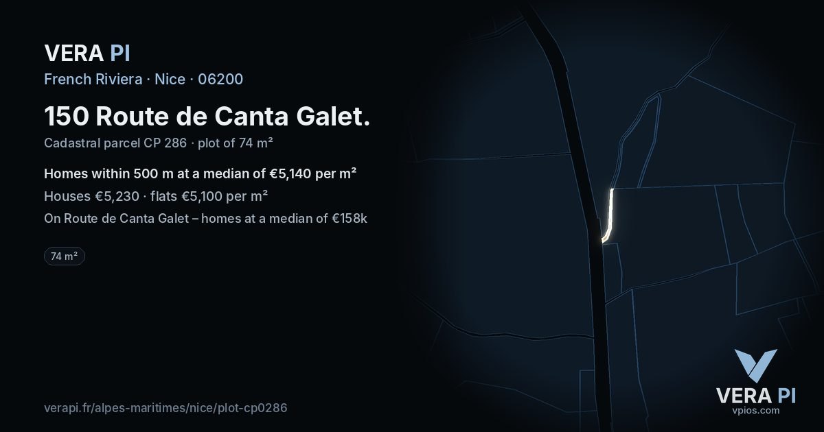 150 Route de Canta Galet, Nice at night – the plot lit, the parcels around coloured by the prices near them