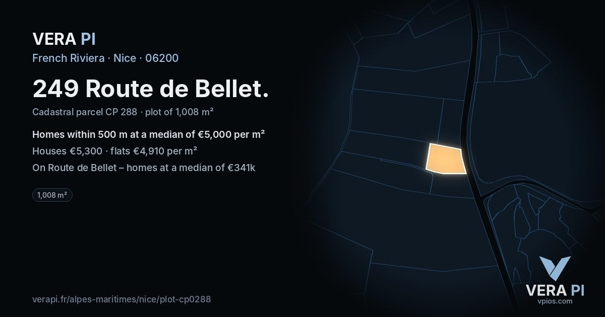 249 Route de Bellet, Nice at night – the plot lit, the parcels around coloured by the prices near them