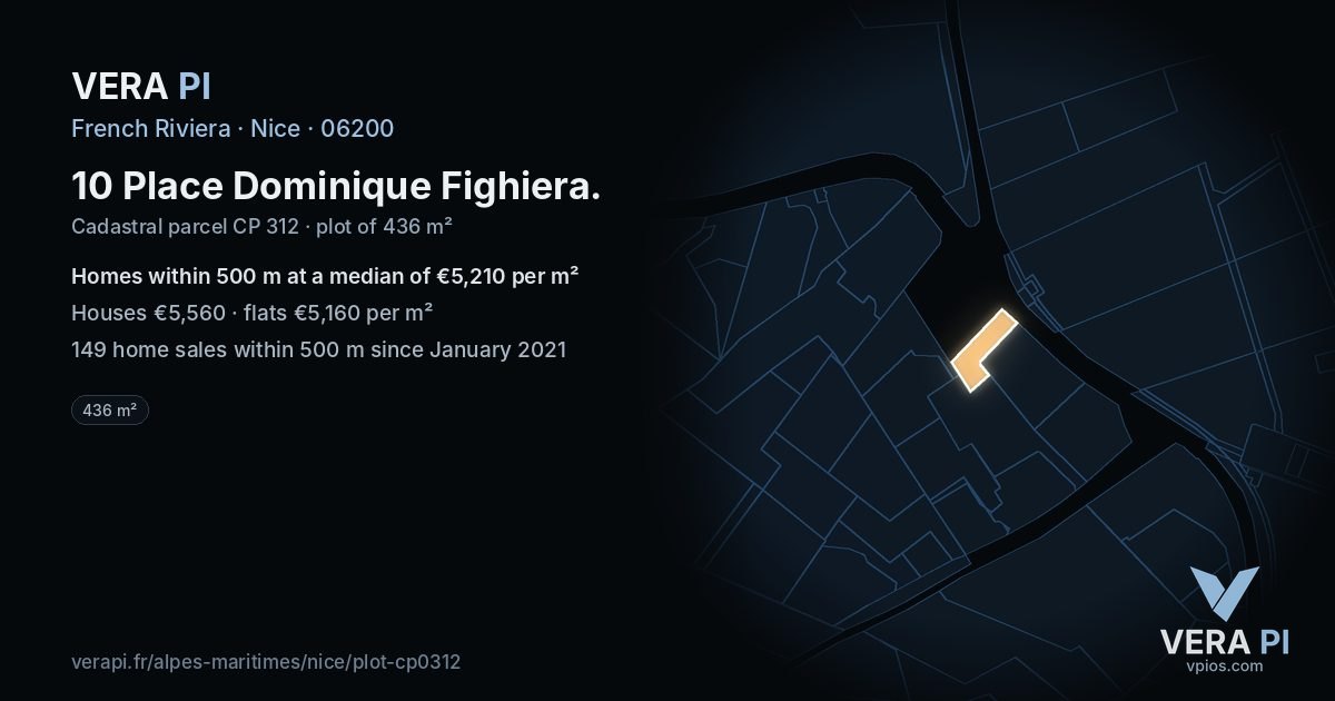 10 Place Dominique Fighiera, Nice at night – the plot lit, the parcels around coloured by the prices near them