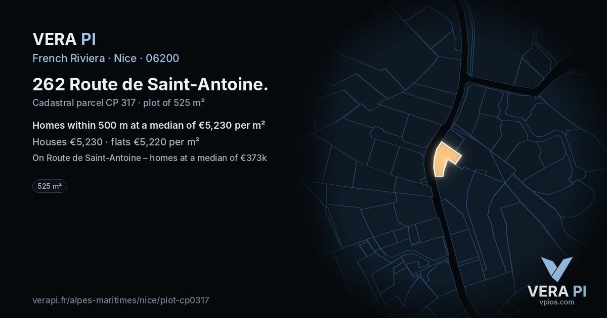262 Route de Saint-Antoine, Nice at night – the plot lit, the parcels around coloured by the prices near them