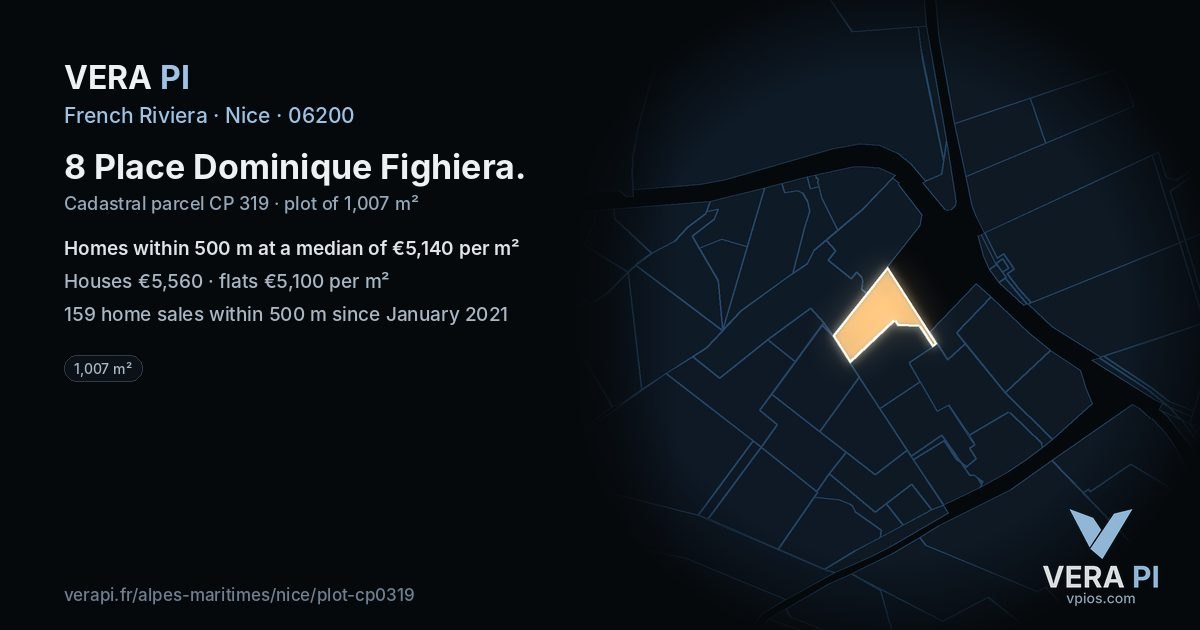 8 Place Dominique Fighiera, Nice at night – the plot lit, the parcels around coloured by the prices near them