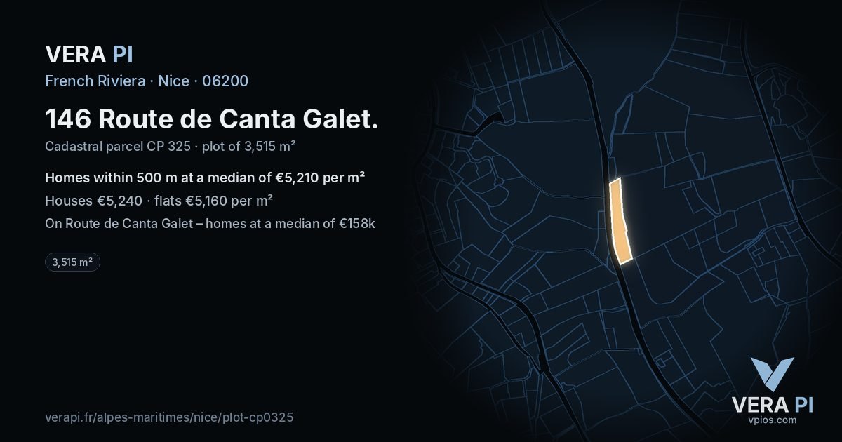 146 Route de Canta Galet, Nice at night – the plot lit, the parcels around coloured by the prices near them