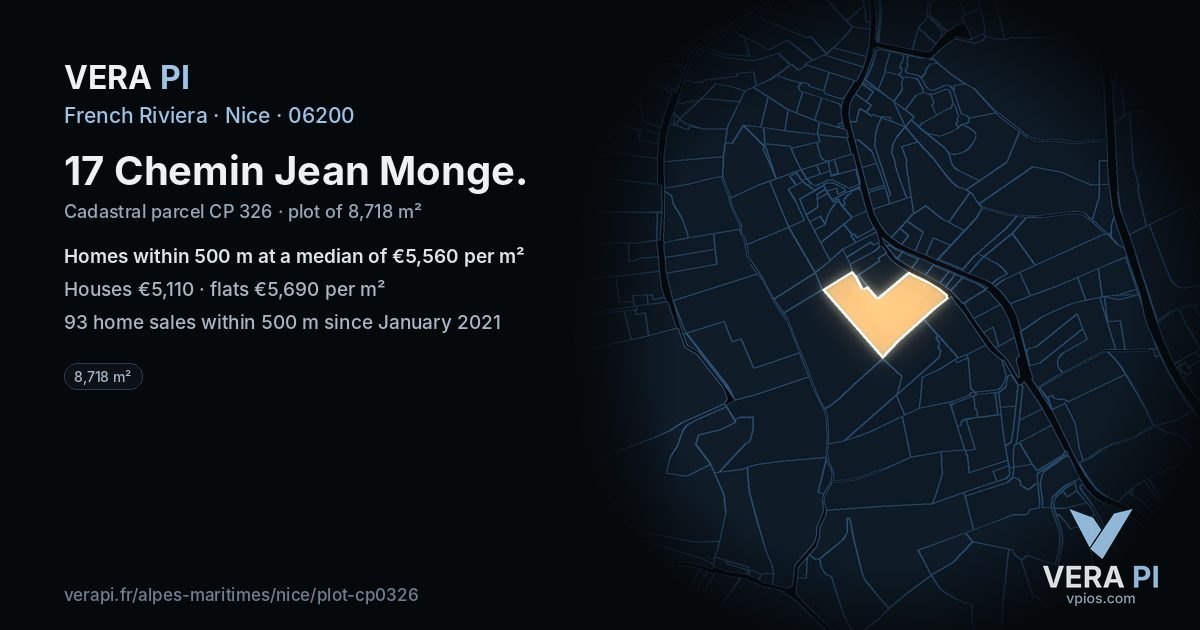 17 Chemin Jean Monge, Nice at night – the plot lit, the parcels around coloured by the prices near them
