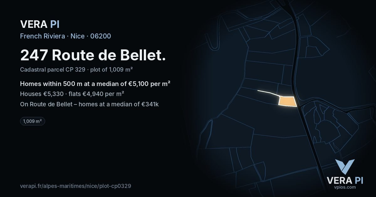 247 Route de Bellet, Nice at night – the plot lit, the parcels around coloured by the prices near them