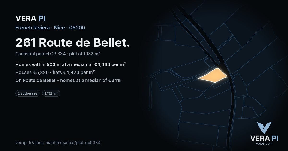 261 Route de Bellet, Nice at night – the plot lit, the parcels around coloured by the prices near them
