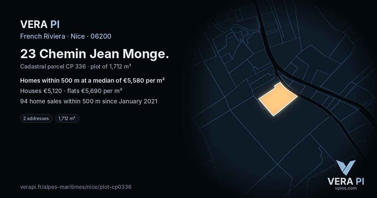23 Chemin Jean Monge, Nice at night – the plot lit, the parcels around coloured by the prices near them