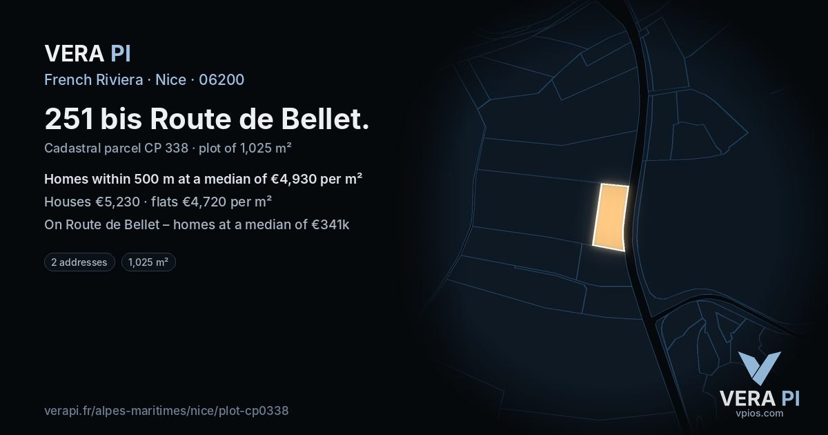 251 bis Route de Bellet, Nice at night – the plot lit, the parcels around coloured by the prices near them
