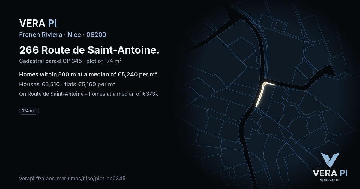 266 Route de Saint-Antoine, Nice at night – the plot lit, the parcels around coloured by the prices near them