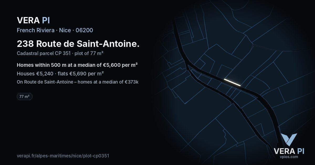 238 Route de Saint-Antoine, Nice at night – the plot lit, the parcels around coloured by the prices near them