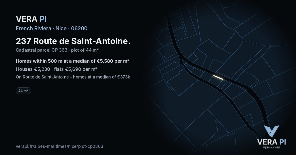 237 Route de Saint-Antoine, Nice at night – the plot lit, the parcels around coloured by the prices near them