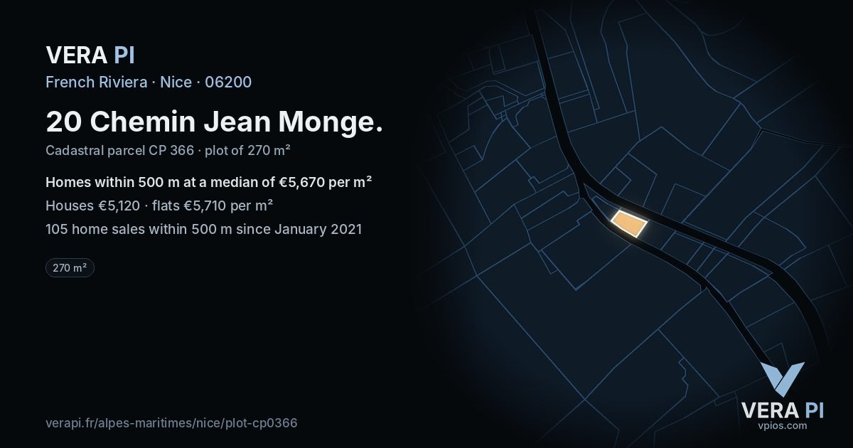 20 Chemin Jean Monge, Nice at night – the plot lit, the parcels around coloured by the prices near them