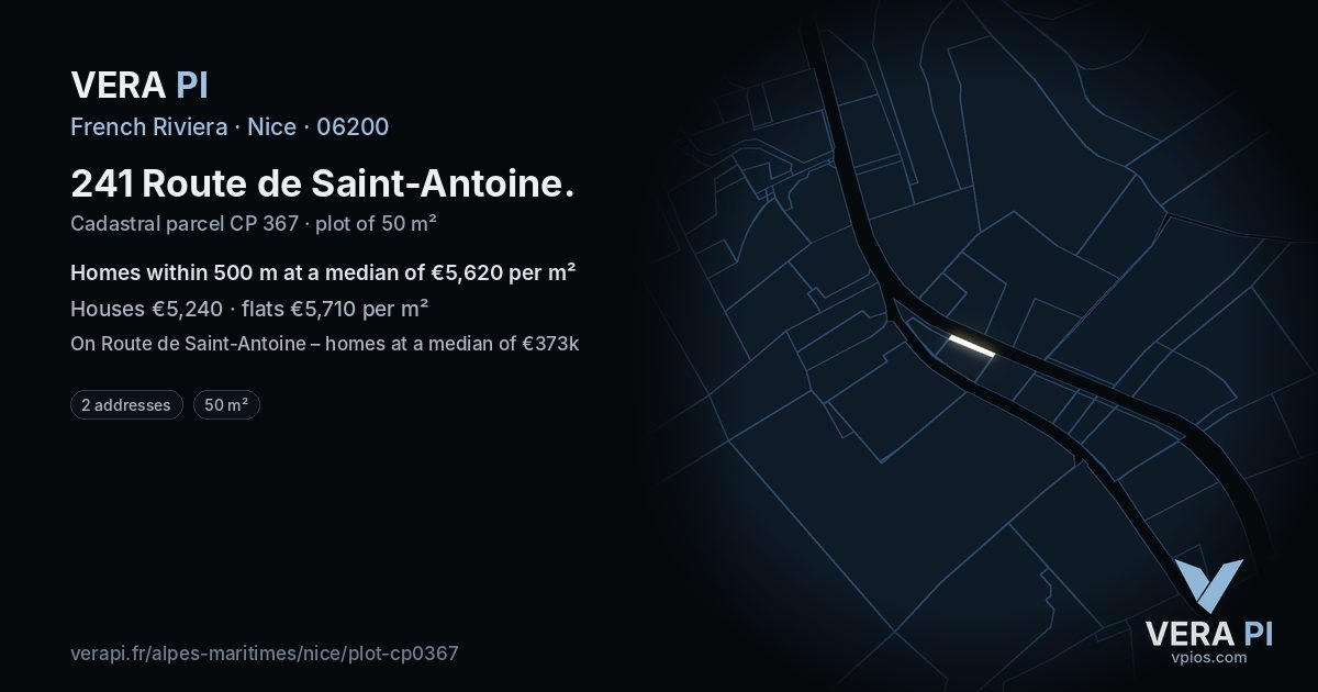 241 Route de Saint-Antoine, Nice at night – the plot lit, the parcels around coloured by the prices near them