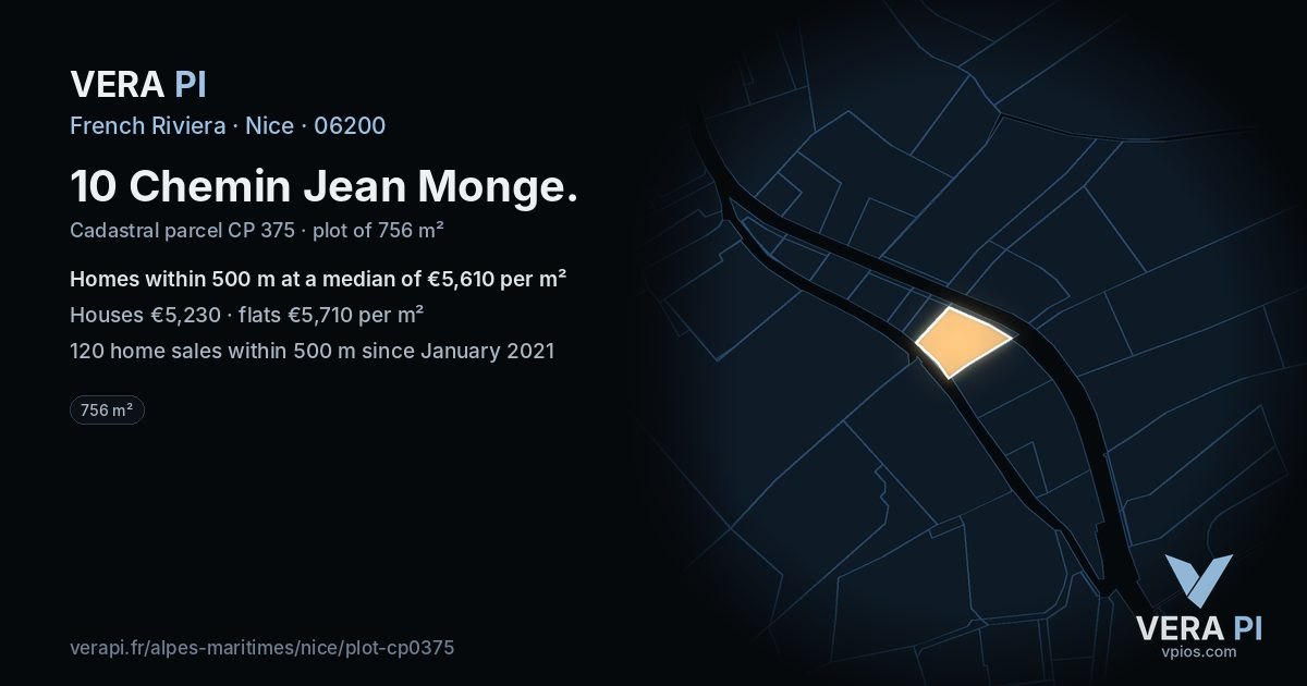 10 Chemin Jean Monge, Nice at night – the plot lit, the parcels around coloured by the prices near them