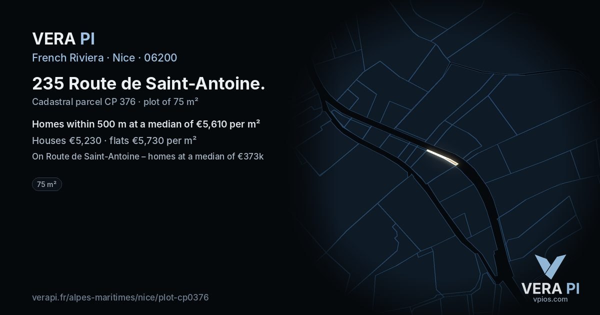 235 Route de Saint-Antoine, Nice at night – the plot lit, the parcels around coloured by the prices near them