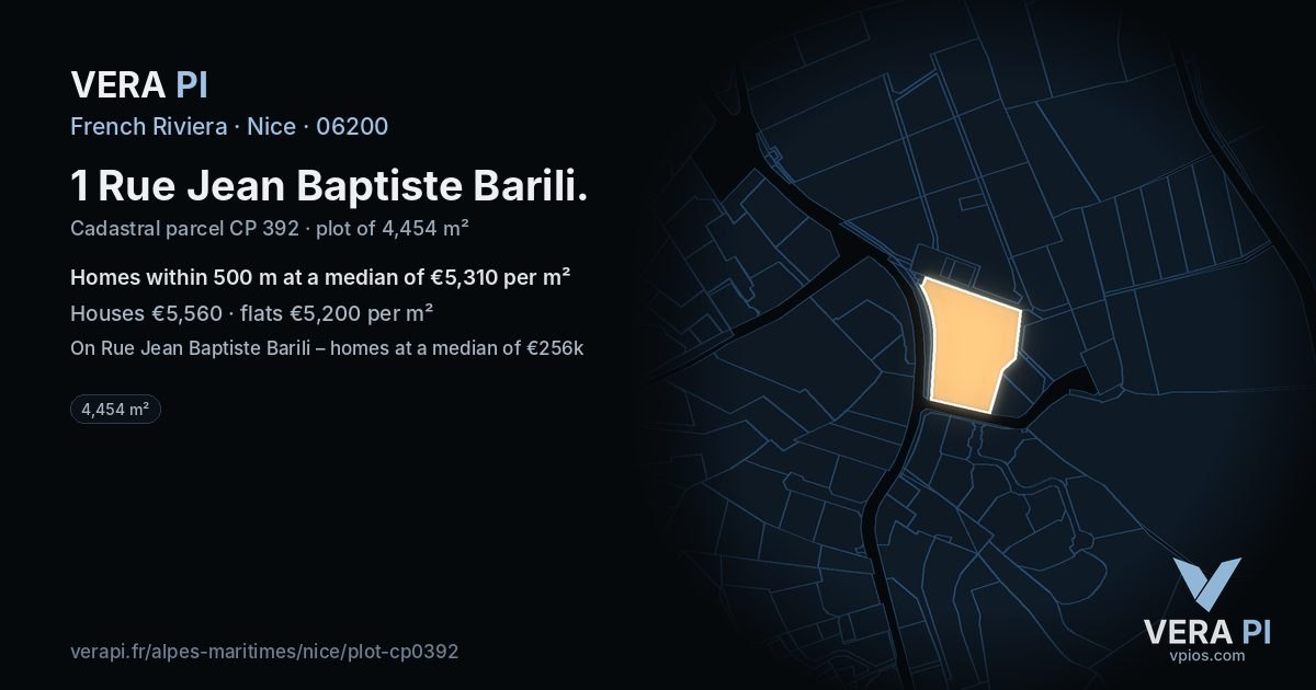 1 Rue Jean Baptiste Barili, Nice at night – the plot lit, the parcels around coloured by the prices near them