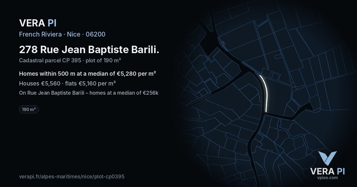 278 Rue Jean Baptiste Barili, Nice at night – the plot lit, the parcels around coloured by the prices near them