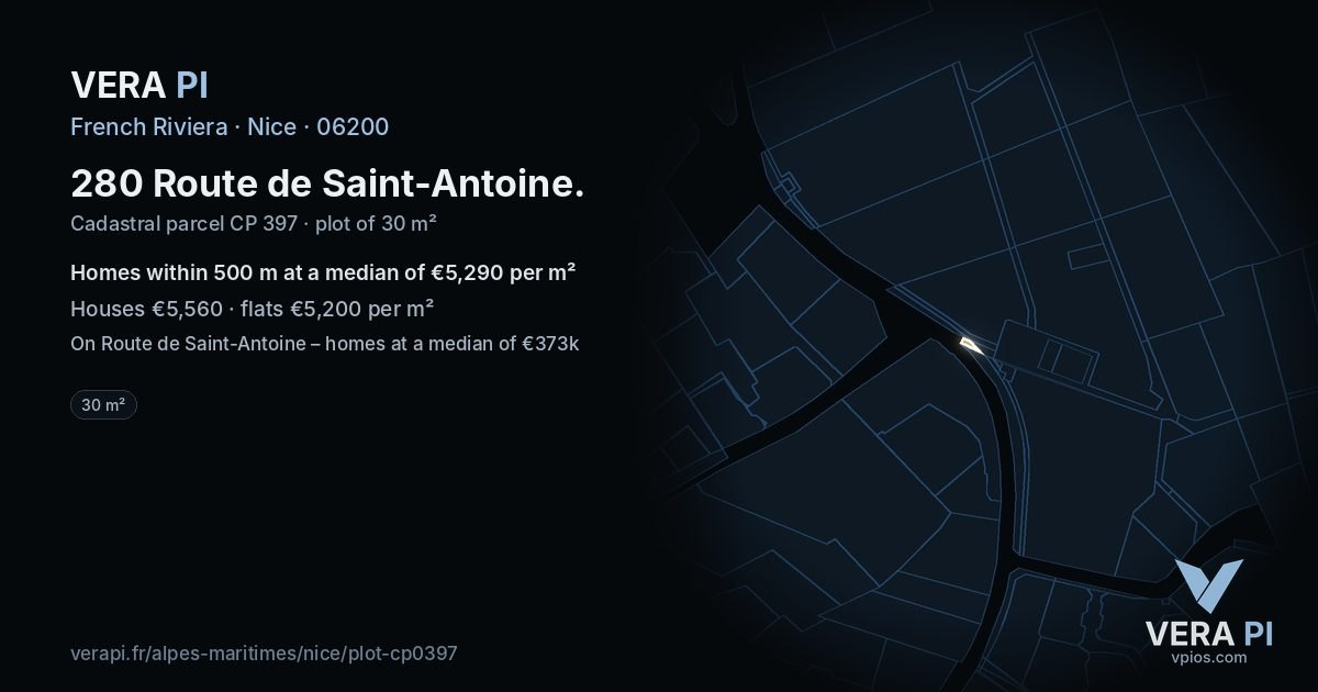 280 Route de Saint-Antoine, Nice at night – the plot lit, the parcels around coloured by the prices near them