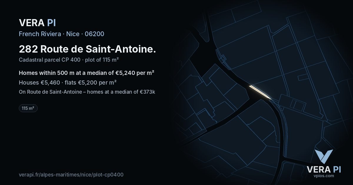282 Route de Saint-Antoine, Nice at night – the plot lit, the parcels around coloured by the prices near them