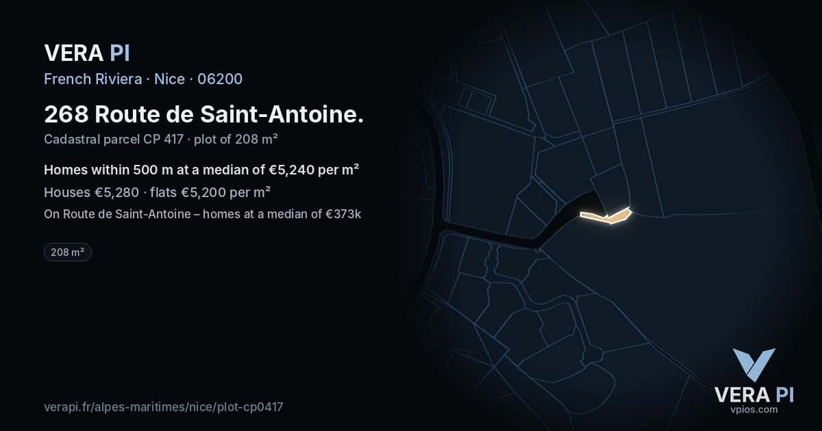 268 Route de Saint-Antoine, Nice at night – the plot lit, the parcels around coloured by the prices near them