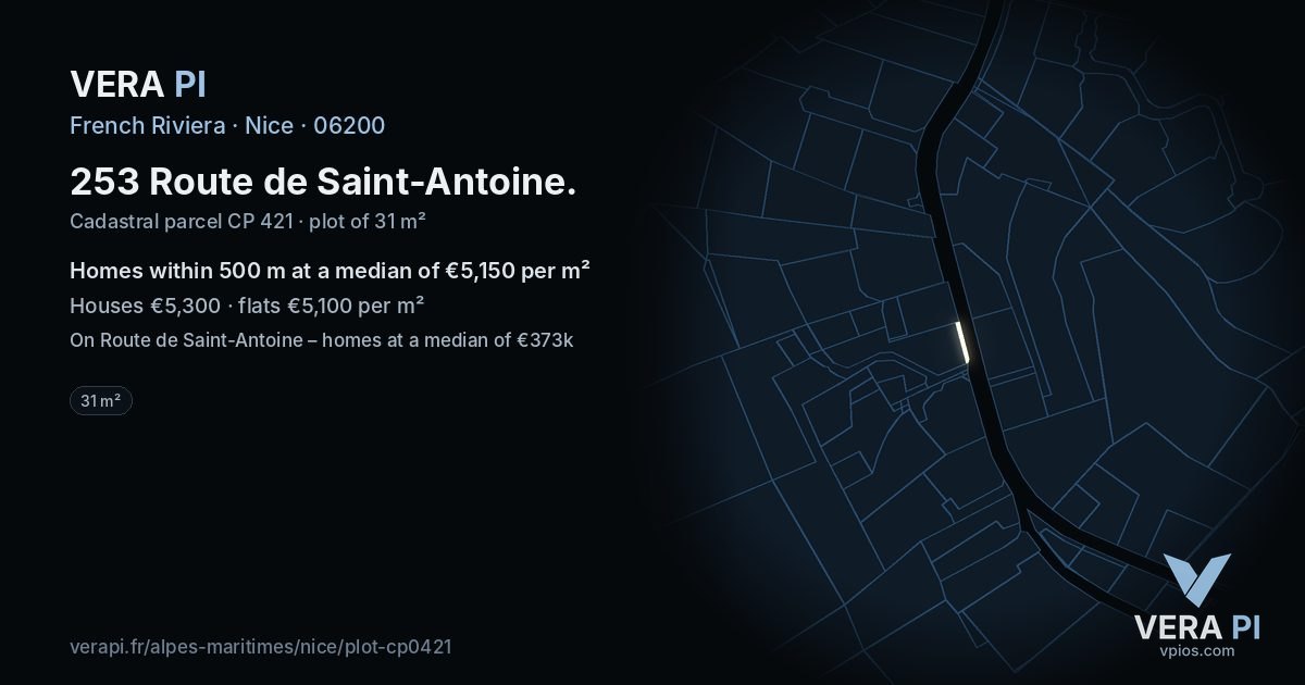 253 Route de Saint-Antoine, Nice at night – the plot lit, the parcels around coloured by the prices near them