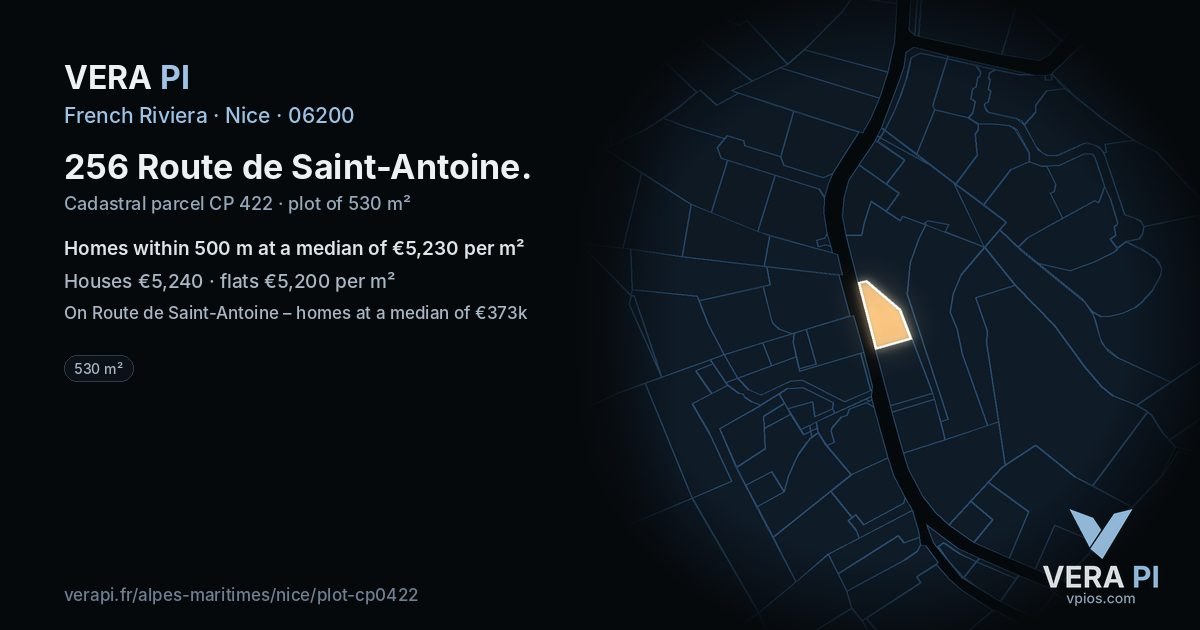 256 Route de Saint-Antoine, Nice at night – the plot lit, the parcels around coloured by the prices near them