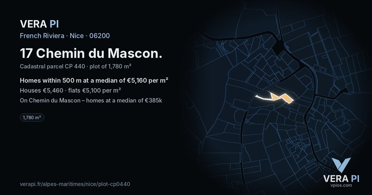 17 Chemin du Mascon, Nice at night – the plot lit, the parcels around coloured by the prices near them