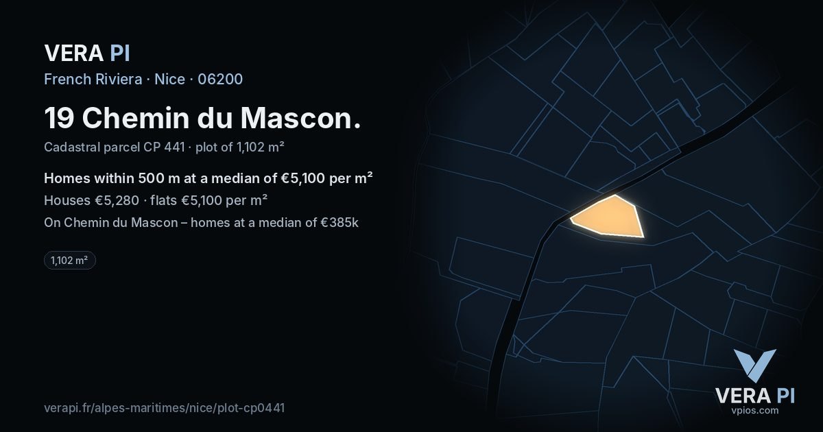 19 Chemin du Mascon, Nice at night – the plot lit, the parcels around coloured by the prices near them