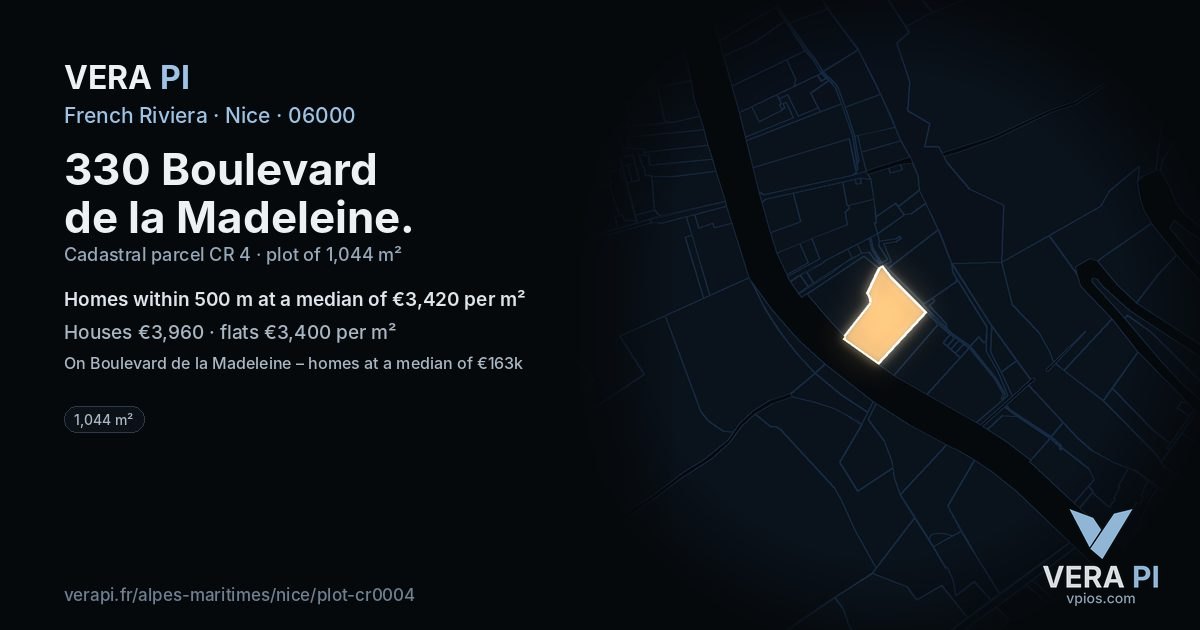 330 Boulevard de la Madeleine, Nice at night – the plot lit, the parcels around coloured by the prices near them