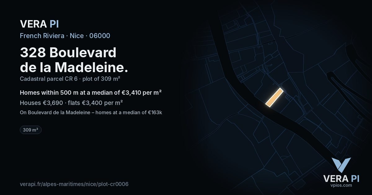 328 Boulevard de la Madeleine, Nice at night – the plot lit, the parcels around coloured by the prices near them