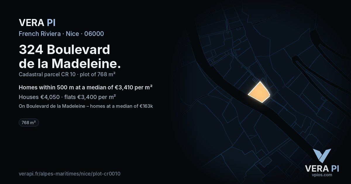 324 Boulevard de la Madeleine, Nice at night – the plot lit, the parcels around coloured by the prices near them