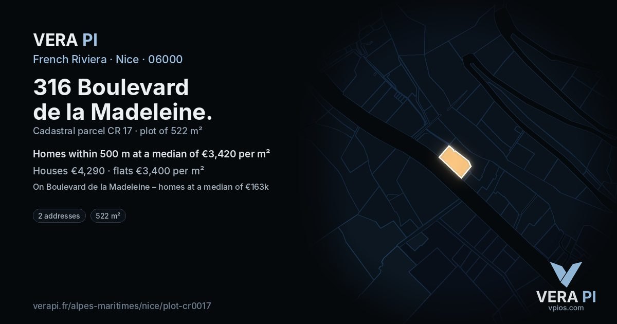 316 Boulevard de la Madeleine, Nice at night – the plot lit, the parcels around coloured by the prices near them