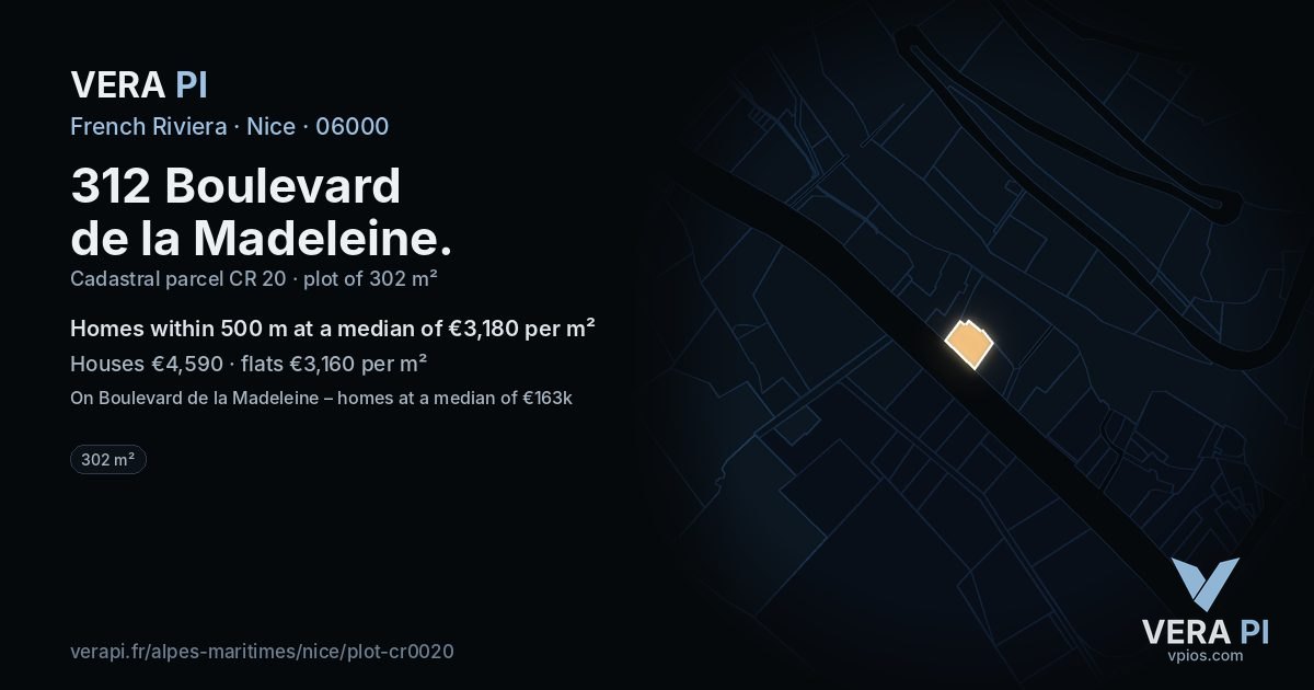 312 Boulevard de la Madeleine, Nice at night – the plot lit, the parcels around coloured by the prices near them