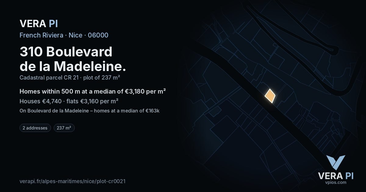310 Boulevard de la Madeleine, Nice at night – the plot lit, the parcels around coloured by the prices near them