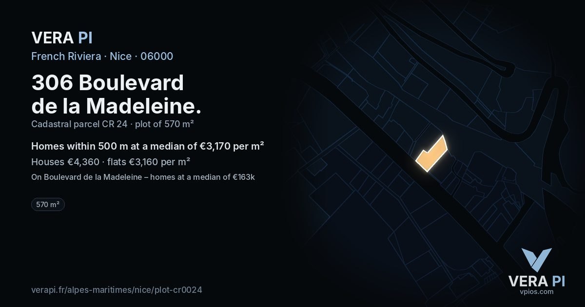 306 Boulevard de la Madeleine, Nice at night – the plot lit, the parcels around coloured by the prices near them