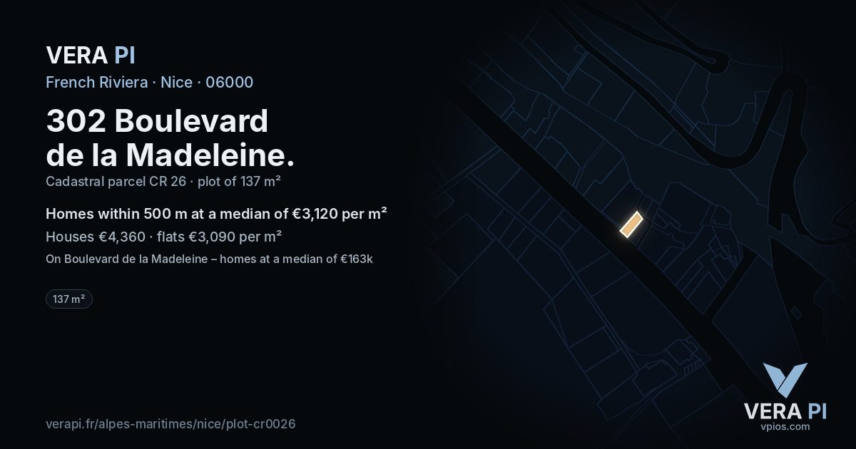 302 Boulevard de la Madeleine, Nice at night – the plot lit, the parcels around coloured by the prices near them