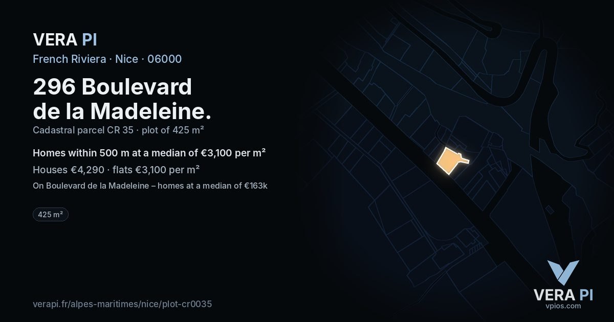 296 Boulevard de la Madeleine, Nice at night – the plot lit, the parcels around coloured by the prices near them