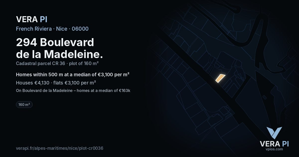 294 Boulevard de la Madeleine, Nice at night – the plot lit, the parcels around coloured by the prices near them
