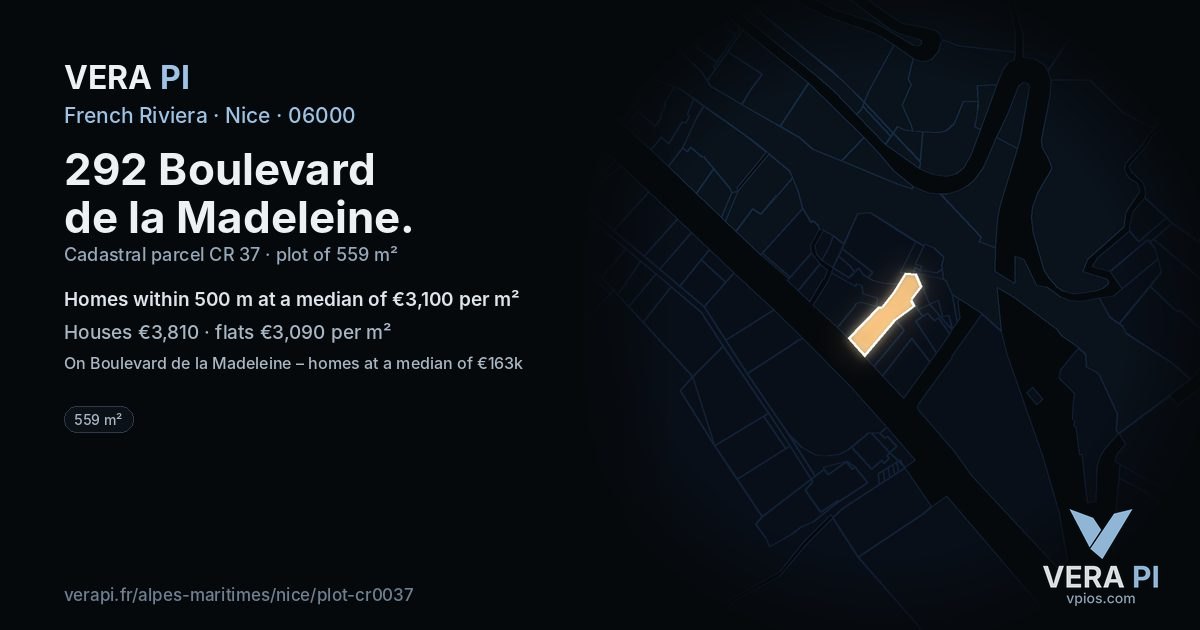 292 Boulevard de la Madeleine, Nice at night – the plot lit, the parcels around coloured by the prices near them