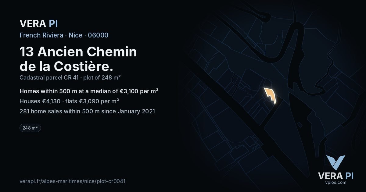 13 Ancien Chemin de la Costière, Nice at night – the plot lit, the parcels around coloured by the prices near them