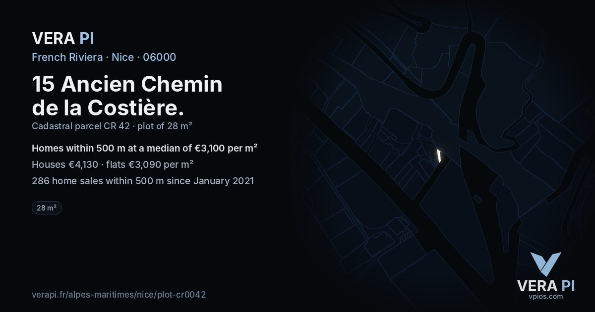 15 Ancien Chemin de la Costière, Nice at night – the plot lit, the parcels around coloured by the prices near them