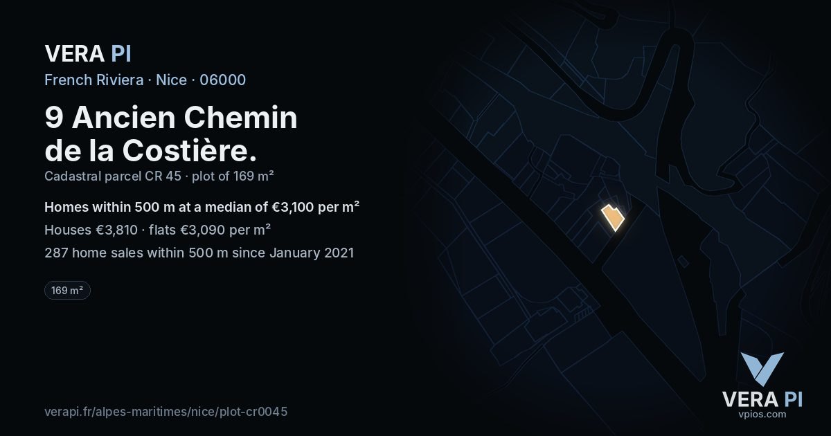9 Ancien Chemin de la Costière, Nice at night – the plot lit, the parcels around coloured by the prices near them
