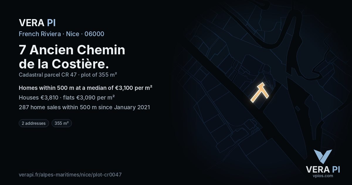 7 Ancien Chemin de la Costière, Nice at night – the plot lit, the parcels around coloured by the prices near them