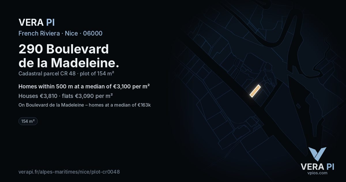 290 Boulevard de la Madeleine, Nice at night – the plot lit, the parcels around coloured by the prices near them