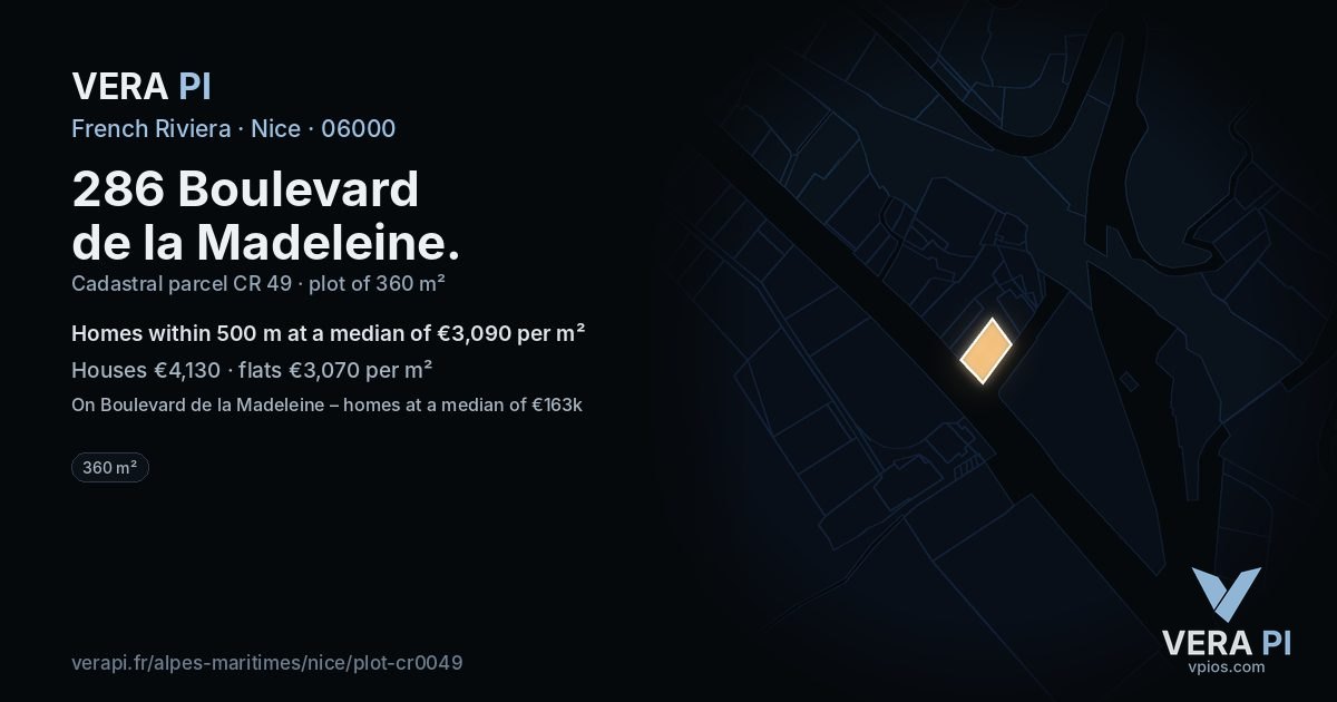 286 Boulevard de la Madeleine, Nice at night – the plot lit, the parcels around coloured by the prices near them