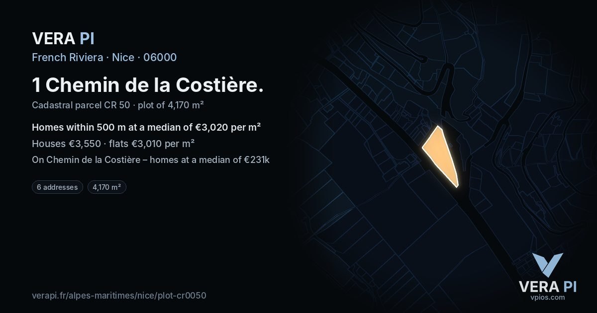1 Chemin de la Costière, Nice at night – the plot lit, the parcels around coloured by the prices near them