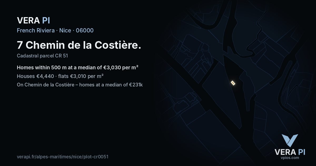 7 Chemin de la Costière, Nice at night – the plot lit, the parcels around coloured by the prices near them