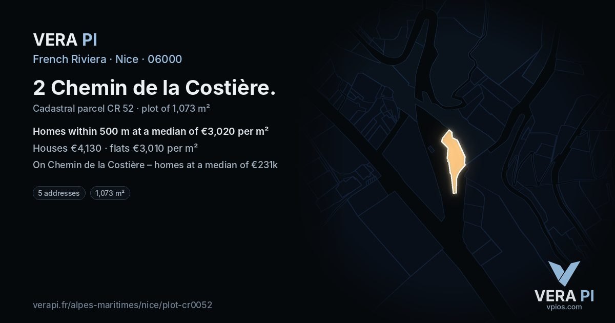 2 Chemin de la Costière, Nice at night – the plot lit, the parcels around coloured by the prices near them
